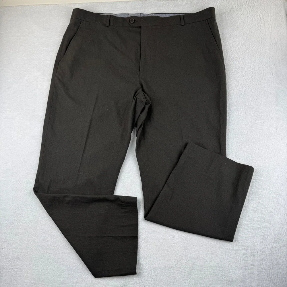 Stafford Linen Blend Trousers Mens 44x30 Brown Classic‎ Fit Flat Front Pants